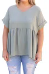 Entro Edgy Plus: Landy Babydoll Short-sleeve Top In Sage In Multi