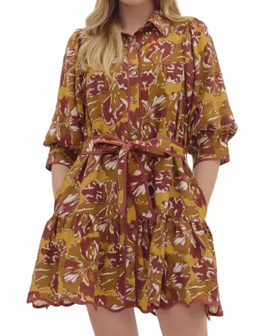 Entro Elizabeth Taylor Tie Waist Mini Dress In Dahlia Block Print In Brown