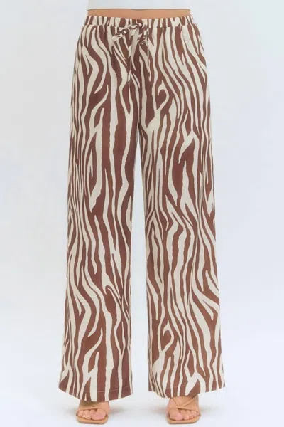 Entro Elizabeth Zebra Print Drawstring Waist Pants In Brown