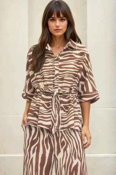 Entro Elizabeth Zebra Print Drawstring Waist Top In Brown