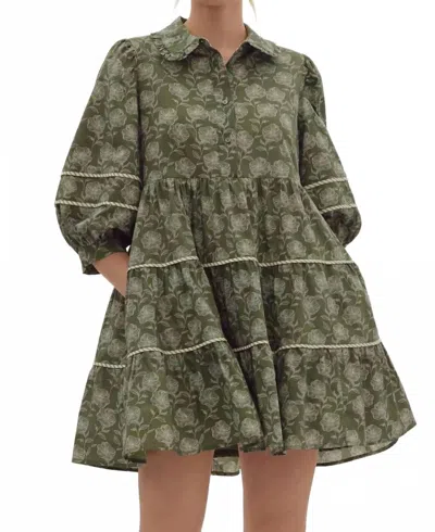 Entro Elle Floral Print Contrast Trim Half Sleeve Mini Dress In Olive Green