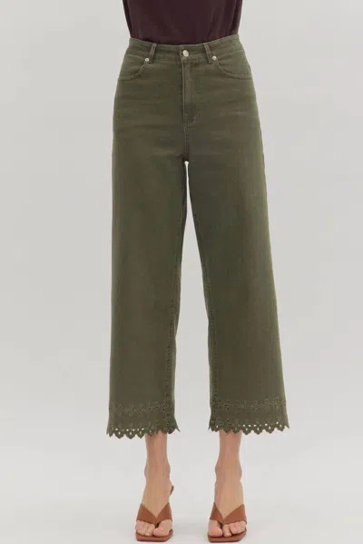 Entro Embroidered Border Hem Pants In Olive In Green