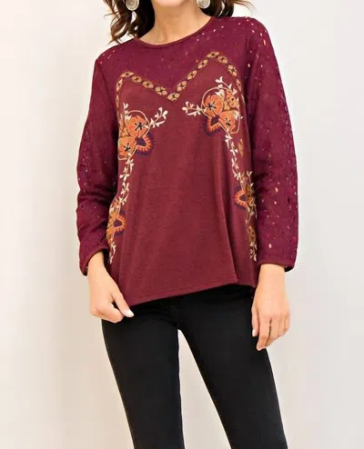 Entro Embroidered Floral Eyelet Lace Blouse In Burgundy In Red