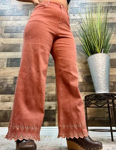 Entro Embroidered Hem Ankle Length Stretch Denim Pants In Brick Red In Orange