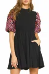 Entro Embroidered Puff Sleeve Dress In Black In Black