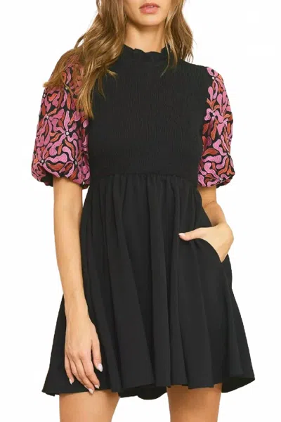 Entro Embroidered Puff Sleeve Dress In Black