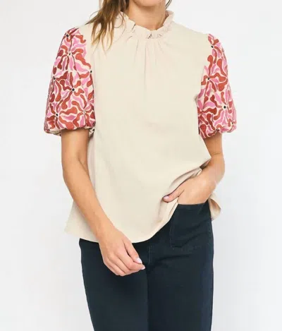 Entro Embroidered Puff Sleeve Top In Natural In Multi