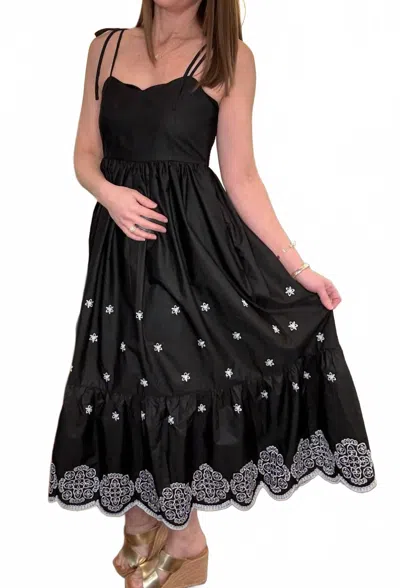 Entro Embroidered Shoulder Tie Midi Dress In Black
