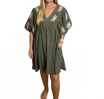 Entro Embroidered V-neck Dress In Olive In Green