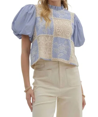 Entro Evie Patchwork Striped Bubble Sleeve Top In Blue