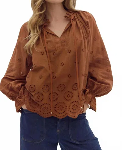 Entro Eyelet And Scallop Trim Top In Chestnut In Brown