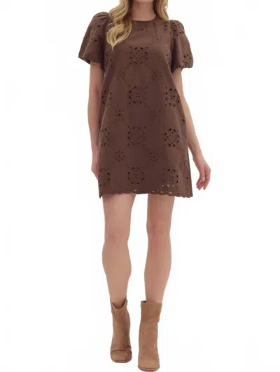 Entro Eyelet Embroidered Puff Mini Dress In Brown