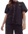 Entro Eyelet Pearl Button Down Top In Black In Black