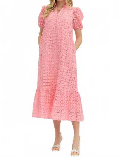 Entro Eyelet Puff Sleeve Midi Dress In Pink