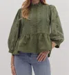 Entro Eyelet Sleeve Top In Olive