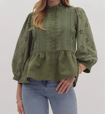 Entro Eyelet Sleeve Top In Olive