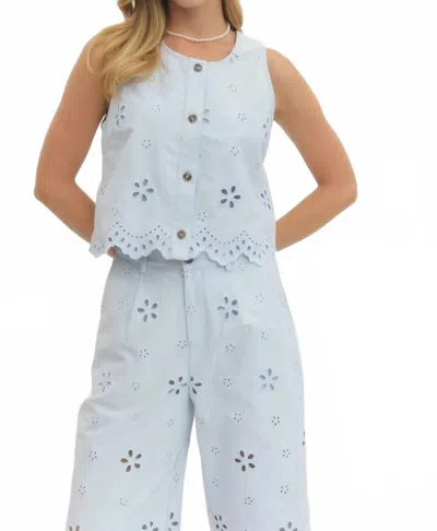 Entro Eyelet Sleeveless Top In Light Blue In White
