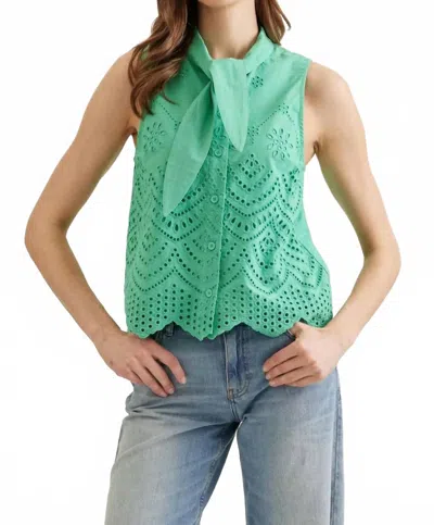 Entro Eyelet Tie-neck Sleeveless Blouse In Matcha In Green
