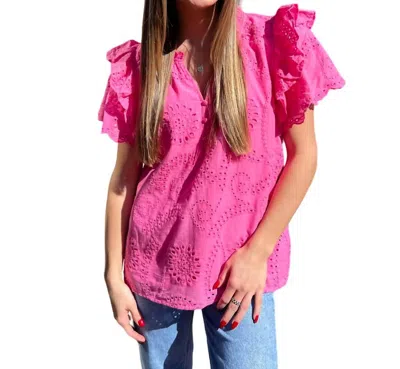 Entro Eyelet Top With Ruffled Short Sleeves In Pink