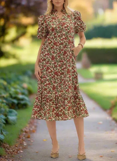 Entro Fall Garden Floral Puff Sleeve Midi Dress In Ecru In Multi