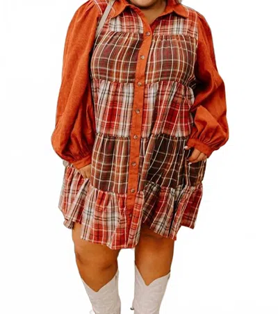 Entro Fall Vibes Plaid Mini Dress - Plus In Rust In Multi
