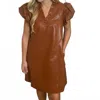 Entro Faux Leather With Ruffle Accents Shift Dress In Cognac In Brown