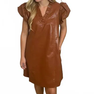 Entro Faux Leather With Ruffle Accents Shift Dress In Cognac In Brown