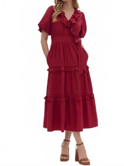 Entro Faux Wrap Short Puff Sleeve Ruffle Detail Midi Dress In Scarlet In Red