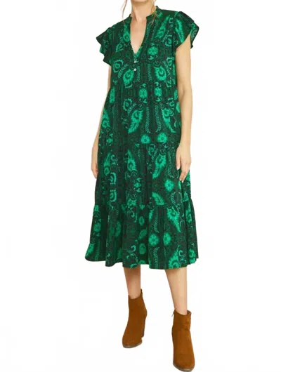 Entro Floral & Leaf Ruffle Midi Dress In Green