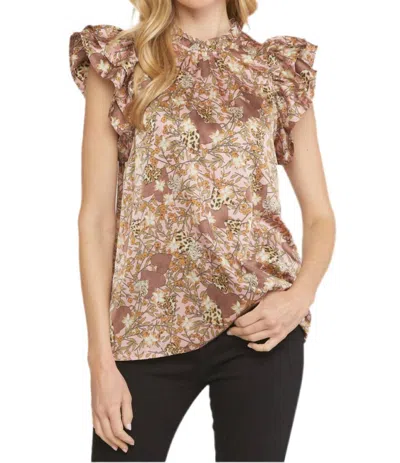 Entro Floral & Leopard Ruffle Top In Mauve