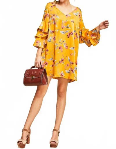 Entro Floral And Ruffle Sleeve Dress In Multi In Yellow