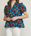 Entro Floral & Ruffle Top In Blue In Blue
