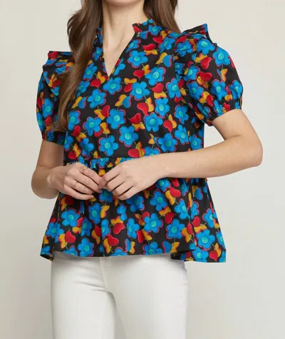 Entro Floral & Ruffle Top In Blue