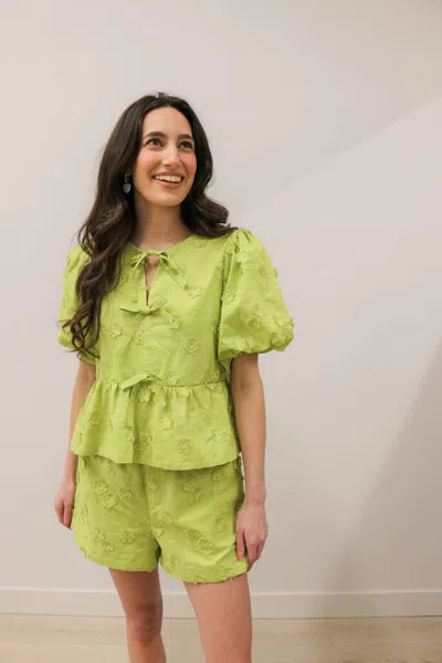 Entro Floral Appliqué Front Tie Closure Blouse In Apple Green