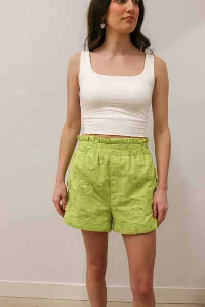 Entro Floral Appliqué High Waisted Elastic Waist Shorts In Apple Green