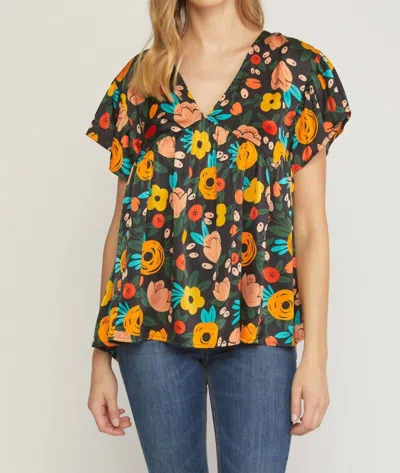 Entro Floral Babydoll Flutter Sleeve Top In Black In Multi