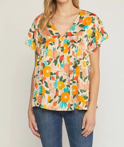 Entro Floral Babydoll Flutter Sleeve Top In Sand In Multi