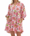 Entro Floral Babydoll With Contrast Trim And Mid Sleeves Dress In Pink In Pink