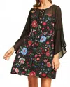 Entro Floral Bell Sleeve Mini Dress In Multi In Black