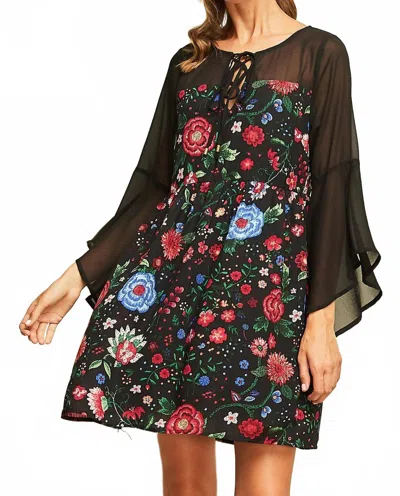 Entro Floral Bell Sleeve Mini Dress In Multi In Black