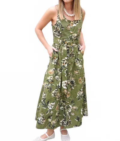 Entro Floral Belted Midi Dress In Olive Green