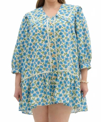 Entro Floral Bib Mini Dress In Blue And Green