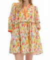 Entro Floral Breeze Mini Dress With Ruffle Accents & Banded V-neck Detail In Yellow In Orange