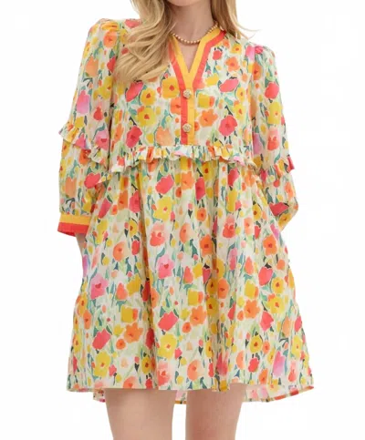 Entro Floral Breeze Mini Dress With Ruffle Accents & Banded V-neck Detail In Yellow In Orange