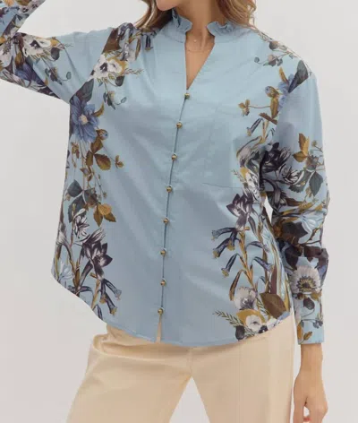 Entro Floral Button Down Blouse In Blue