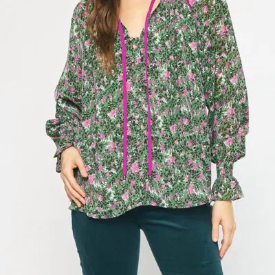 Entro Floral Button Up Blouse In Green