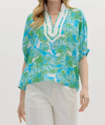 Entro Floral Caftan Contrasted Top In Green Aqua