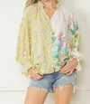 Entro Floral Contrast Print V-neck Blouse In Lemon And Green In Multi