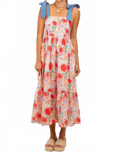 Entro Floral Contrast Shoulder Tie Midi Dress In Red In Multi