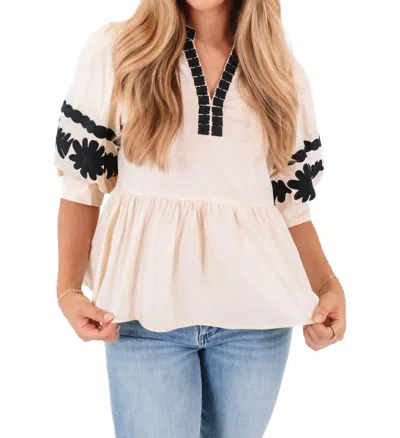 Entro Floral Embroidered Bubble Sleeved Top In Ecru In Neutral